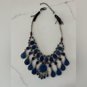 Lapis lazuli and silver with wooden beads bohemian statement necklace